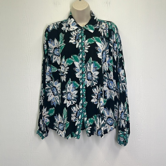 Free People - Good Vibrations Floral Teal Black Button Down Oversized Blouse XS - Picture 3 of 13